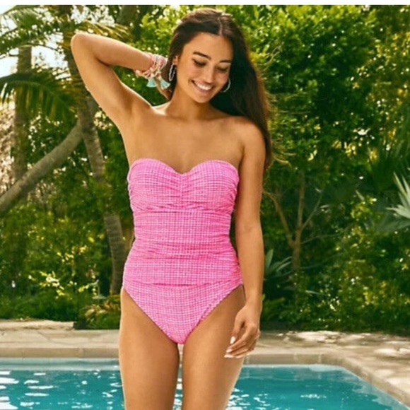 NWT Lilly Pulitzer size 14 Layne Pink Isle one piece pink & white stripe gingham - Picture 3 of 12